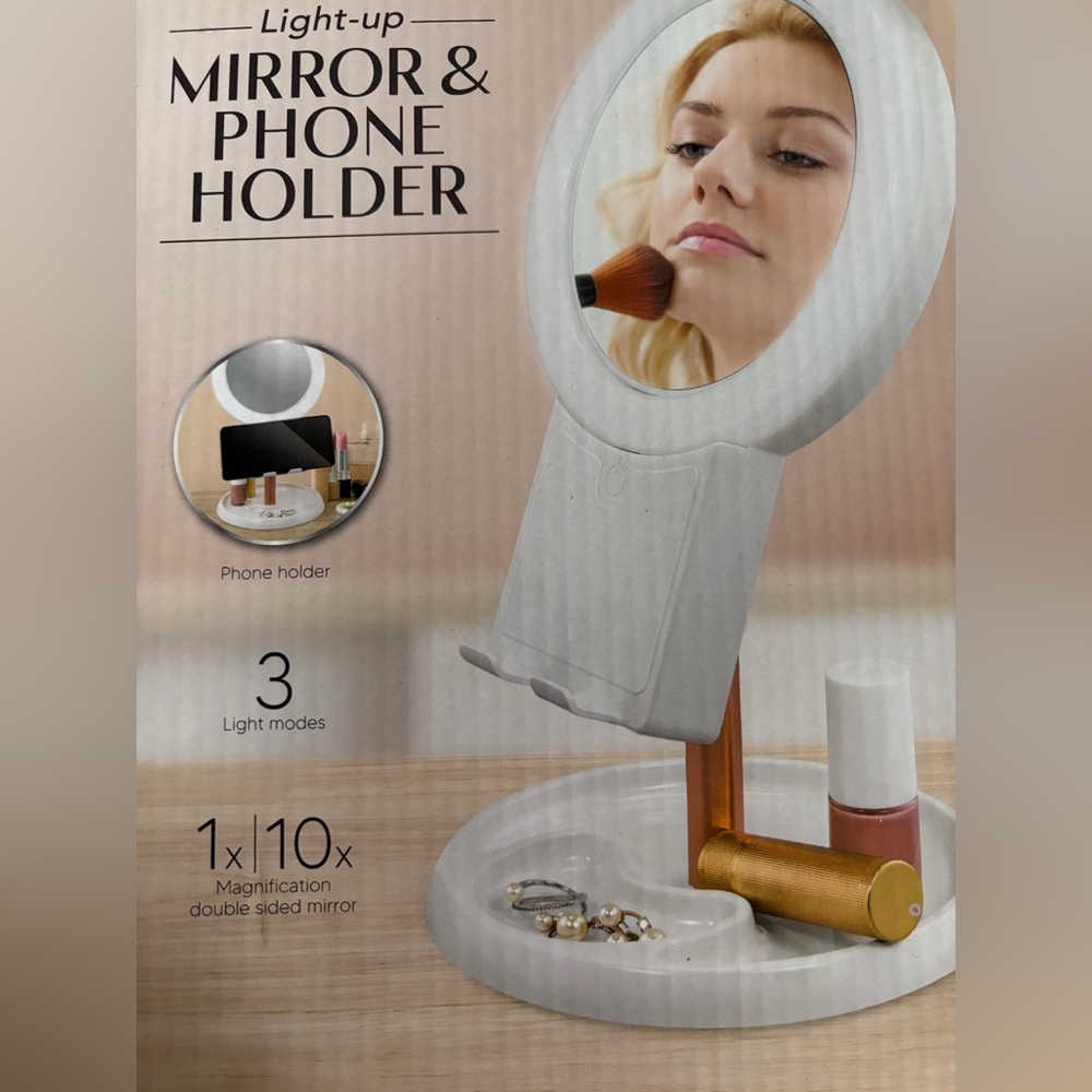 New- Vanity Light-up Makeup Mirror w/Phone Holder, 1X/10X Magnification